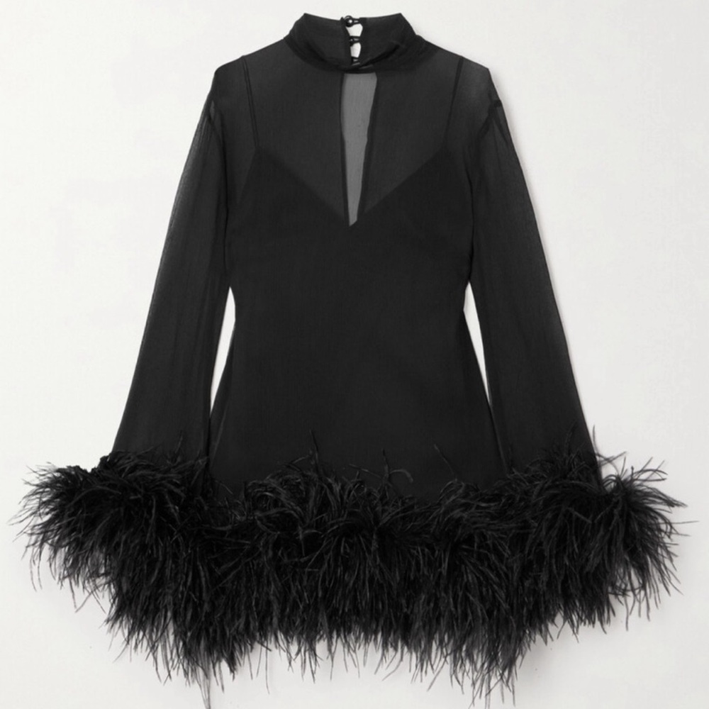 Taller Marmo Gina Black Sheer Feather Trim Mini Dress - Picture 2 of 9